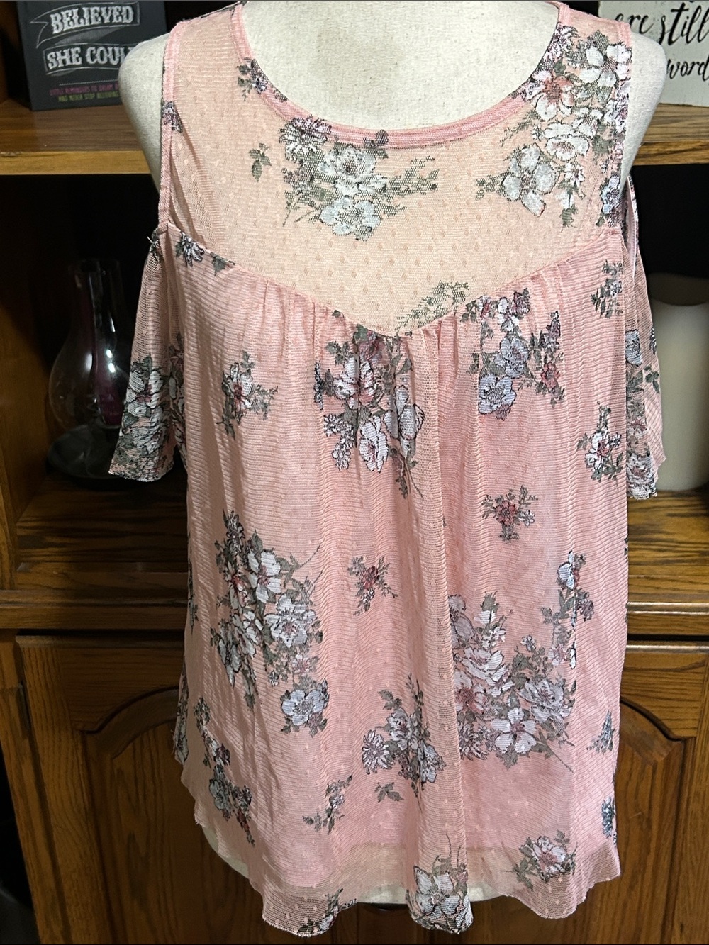 Soft Pink Floral Cold-Shoulder Blouse with Lace Yoke Size XL